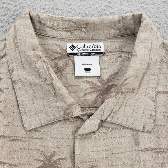 Columbia Shirt Mens Large Brown Button Up Casual Palm Fish All Over Print Aloha - Picture 3 of 13